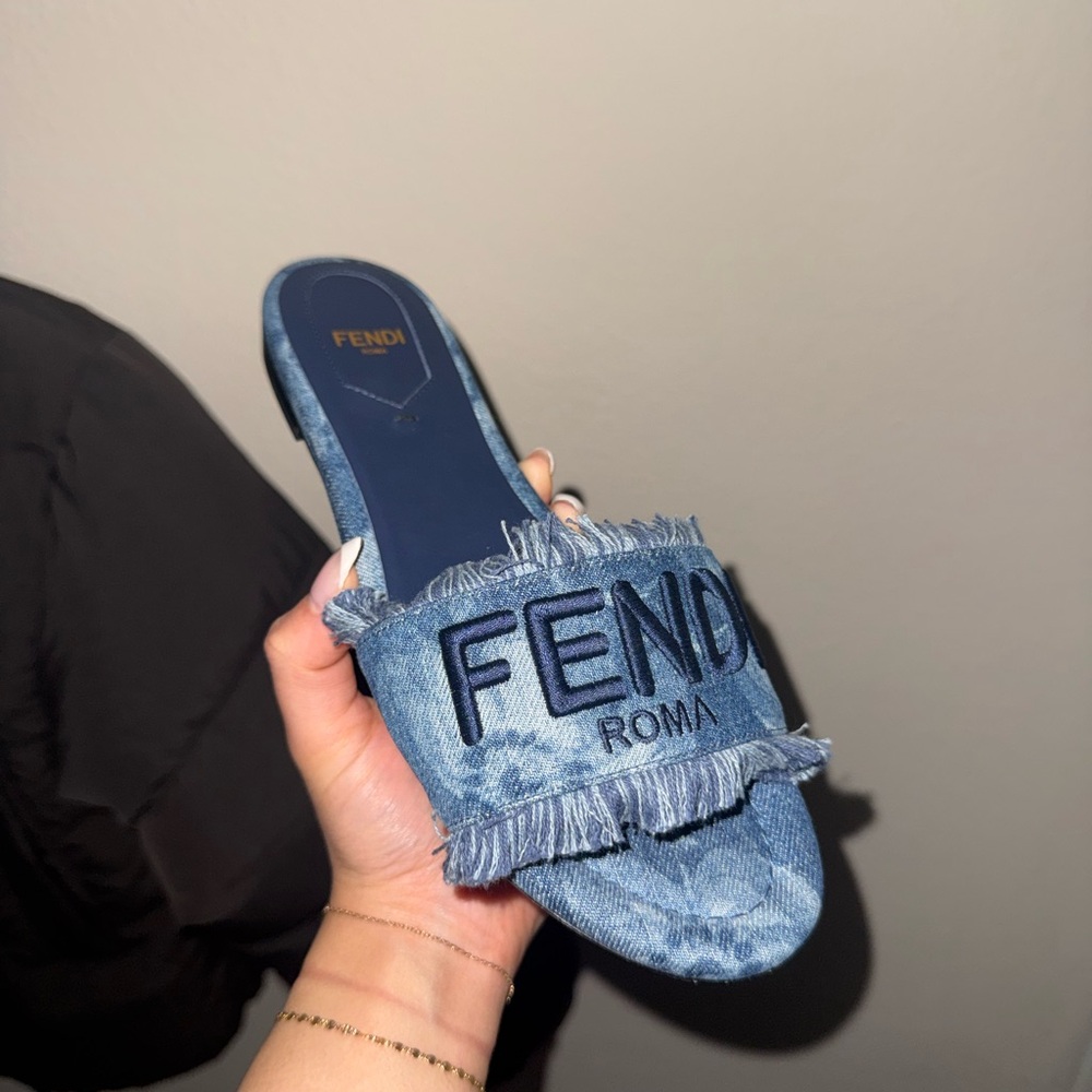 Fendi Denim Blue Frayed Slide Sandals